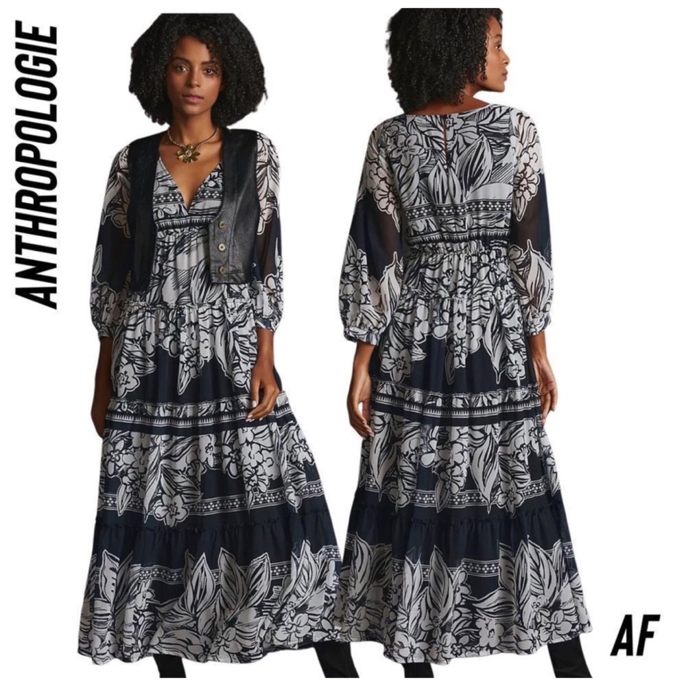 ANTHROPOLOGIE BY VANEET BAHL TIERED MAXI
DRESS BLACK WHITE FLORAL NEW LA…
